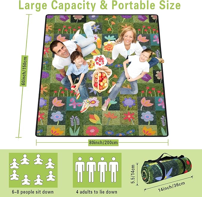 Supfitness Extra Large Picnic Blankets Waterproof Foldable (60 "x 80") Beach Blanket Waterproof Sandproof,3-Layer Thicking Mat Outdoor Packable Camping Blanket