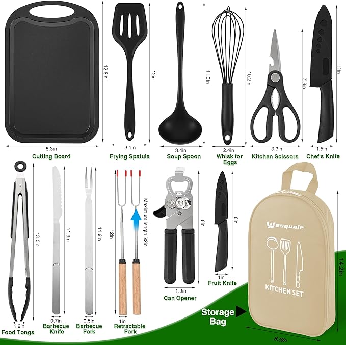 Wesqunie Camping Essentials Cookware Cooking Utensils Set - Portable Camp Kitchen Mess Kit Outdoor Accessories, Stainless Steel & Silicone, Camping Gear Equipment for RV Picnic Grill, Khaki