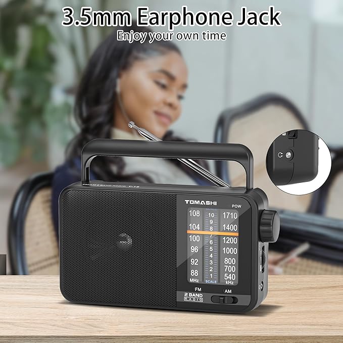 TOMASHI Portable Radio am fm,Transistor Radio with Best Reception,Large Tuning Knob,Battery Operated by 3 D Cell Batteries or AC Power,Big Speaker,Suit for Senior and Home (Black)