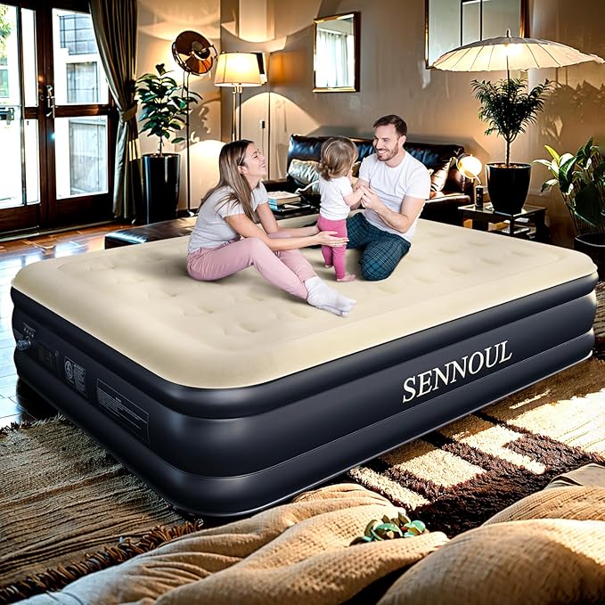 SENNOUL Air Mattress Queen with Built in Pump, Inflatable Mattress Blow Up Mattress 18 Raised Comfort,Upgraded Surface Portable Bed, Air Bed for Home, Guest, Camping, Colchone Inflable, 650 lbs