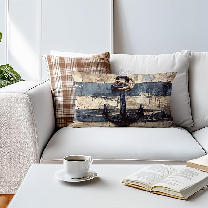 Vintage Nautical Ancho Throw Pillow Covers 20x12,Rustic Coastal Beach Lighthouse Decorative Pillow Cover,Coastal Anchor Decorative Pillowcases for Home Couch Bed Sofa Decor,129-BZ