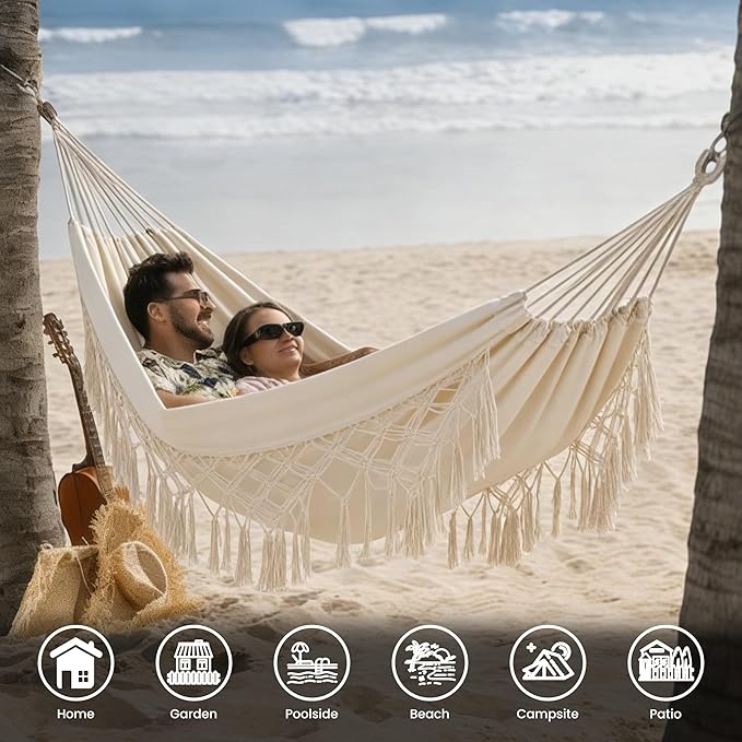 Lazy Daze Hammocks Double Brazilian Cotton Hammock, Extra Large Portable Outdoor Camping Hammock with Tree Straps & Travel Bag for Backyard Patio Poolside Indoor, 550lbs Capacity, Beige