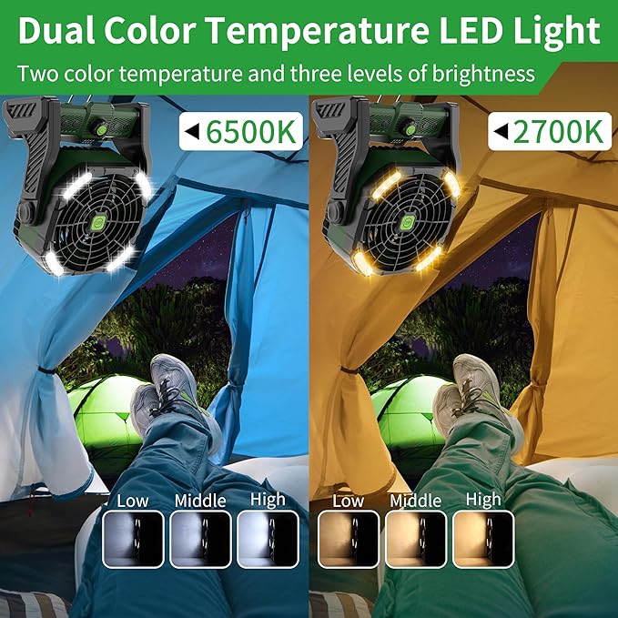 20000mAh Portable Camping Fan Rechargeable Portable fans for Travel Battery Powered Fan with LED Lantern,270° Rotation,USB Desk Battery Rechargeable Tent for camping essentials with Hook
