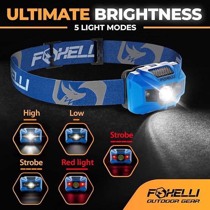 Foxelli USB‑C Rechargeable LED Headlamp – Ultra‑Light 2.4 oz & Bright 180 Lumens – Red/White Light, 5 Modes, IPX5 Waterproof, 40 h Runtime for Trail Running, Camping, Hiking