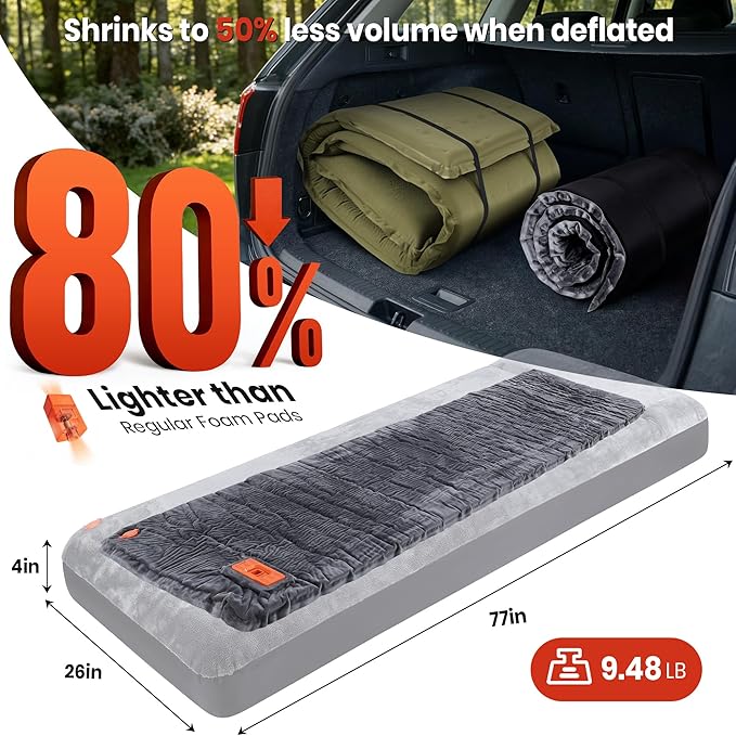 Self Inflating Sleeping Pad with Electric Pump, 4" Ultra-Thick Foam Sleeping Mats for Camping with Built-in Pillow, 9.5 R-Value 4 Season Camping Mattress Pad for Cot Truck Car Home