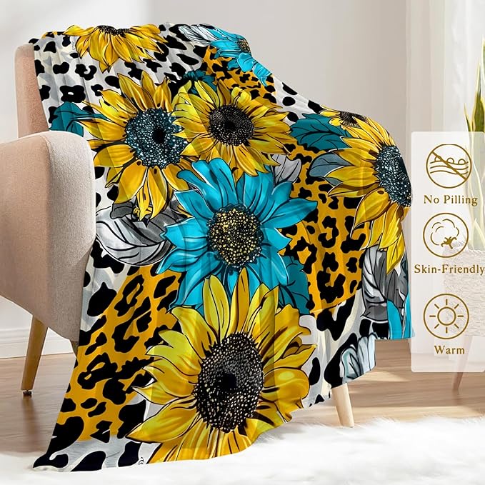 Sunflower and Leopard Print Fleece Blanket - Lightweight Soft Cozy Gifts Throw for Floral Lovers,Women,Adult,Yellow and Blue Chic Flower Blankets,Home Room Modern Artistic Decor 60x80in