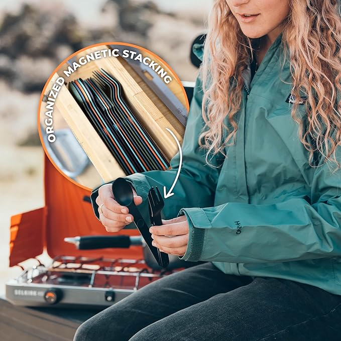FULL WINDSOR Magware Camping Set - Travel Utensils for Outdoor Dining, Backpacking & Camping Essentials - Knife, Fork & Spoon with Pouch - Magnetic Silverware Lunchbox Utensils Cutlery - Black (3 PCS)