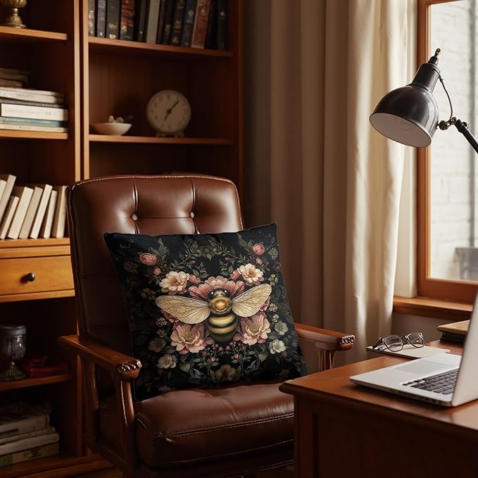 Vintage Moody Floral Bumblebee Pillow Covers 18x18, Dark Cottagecore Decor, Dark Academia Botanical Wildflower Honey Bee Decorative Throw Pillow Covers for Home Bedroom Living Room