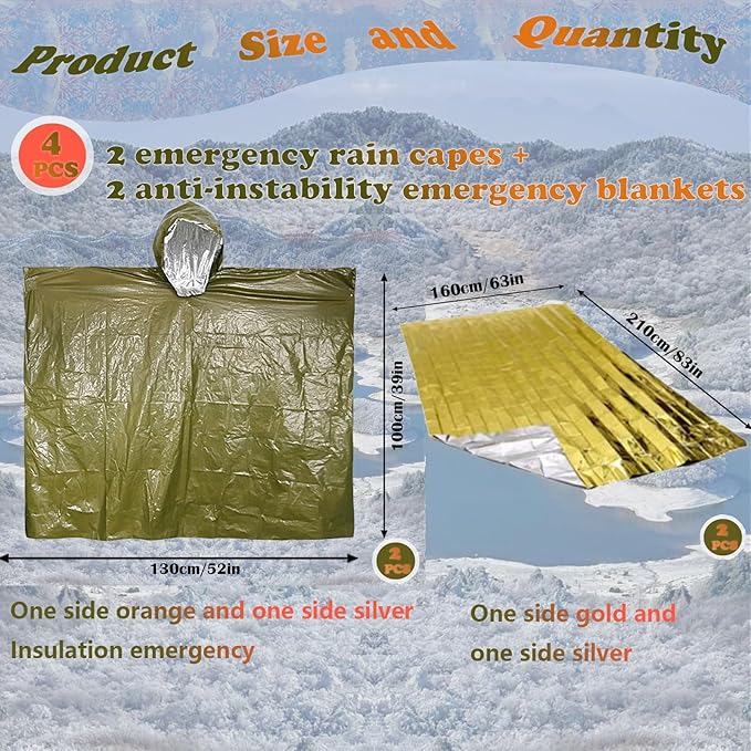 4X Survival Gear kit, Emergency Poncho (2pc), Emergency Space Blanket (2pc), Mylar Liner - Retains 92% Body Heat, for Outdoors, Hiking, Camping, Bug Out Bag, Marathons or First Aid, Car (Green)