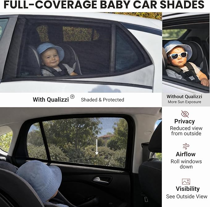 L/Car Window Shades for Baby (2 Pack) for Side Windows, Breathable Full-Coverage Mesh, Privacy, Sun & Heat Protection, Bug Screen, Car Camping, 97% UV Real Protection Tested – Qualizzi®