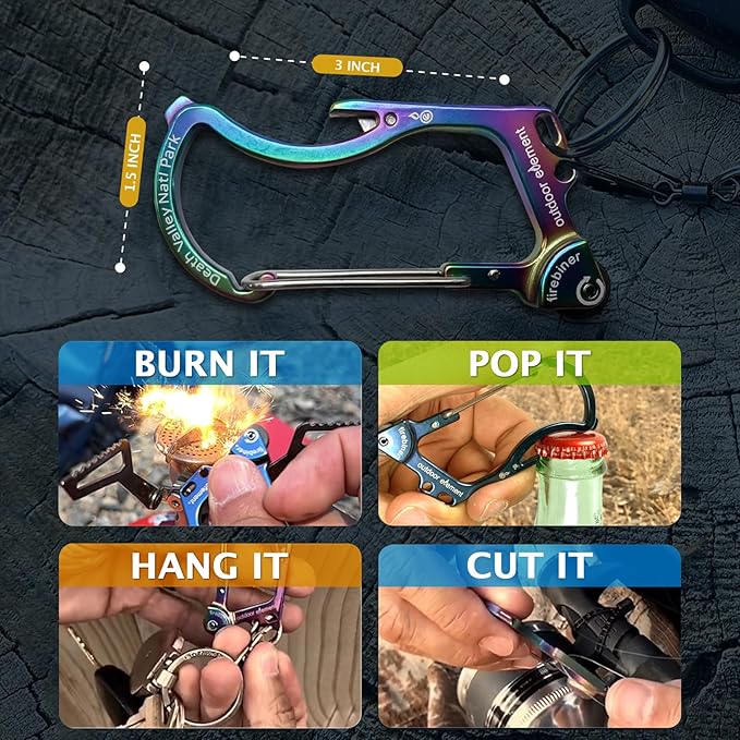 OUTDOOR ELEMENT Firebiner Custom Engraved 6-in-1 Fire Starter Carabiner Multitool – Survival Gear EDC Keychain with Utility Blade, Bottle Opener, Screwdriver, Emergency Tool