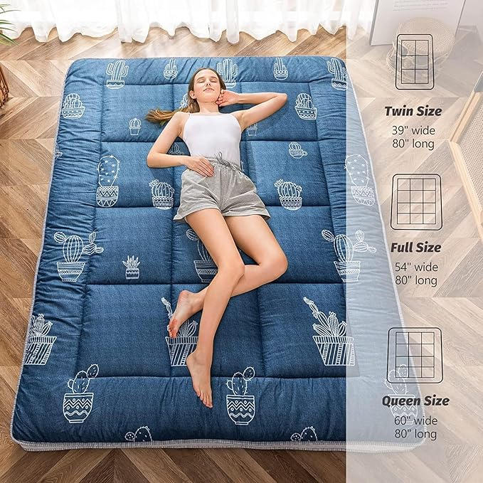 MAXYOYO Grey Cactus Pattern Twin Size Futon Mattress, Quilted Bed Mattress Topper, Extra Thick Folding Sleeping Pad, Breathable Floor Lounger, Guest Bed for Camping, Couch