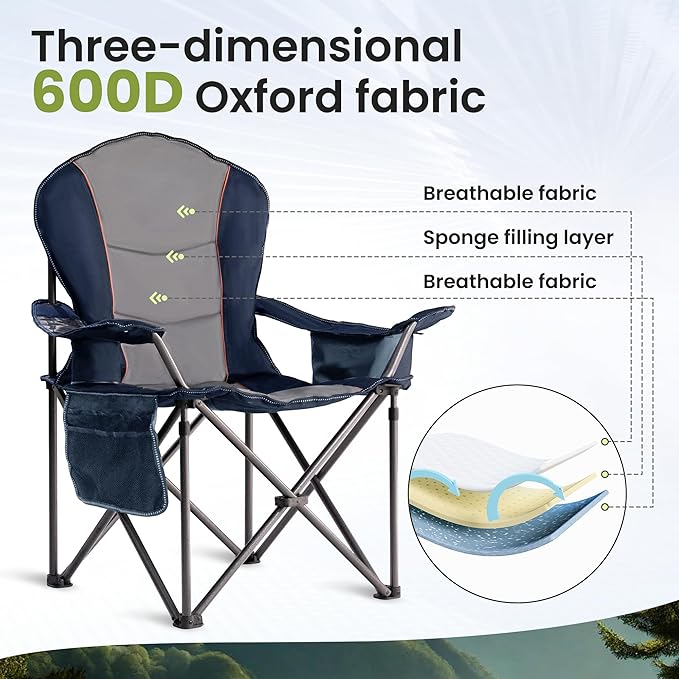 Oversized Camping Chair Heavy Duty- Portable Folding Chair, Cup Holder & Waterproof Phone Case for Adults, Beach, Hiking, Backyard (Blue & Gray, 1 PCS)
