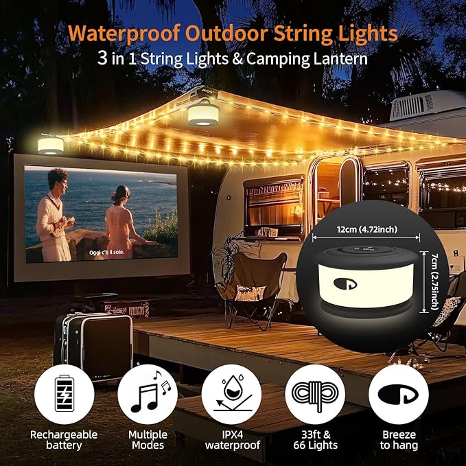 TOHETO 2-Pack Camping String Lights, 3 in 1 Upgraded Retractable RGB Outdoor String Lights with 19 Lighting Modes, Quick 30s Recovery, 32.8 FT Portable Tent Light, Rechargeable Camping Lantern (Black)