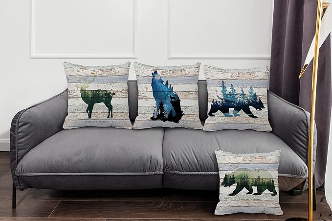 Camping Themed 18″×18″Set of 4 Woodland Wild Animals Deer Wolf Bear Preserve and Protect Throw Pillow Case,Rustic Home RV Campsite Sofa Couch Bed Decor,Gifts for Campers Camping Lovers