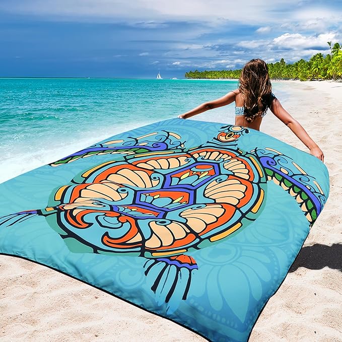 HIHOHO Beach Blanket Waterproof Sandproof Beach Mat 79”x 83” for 1-8 Adults Quick Drying Durable Outdoor Picnic Mat for Beach Festival Travel Camping Hiking (Mandarin Seaturtle, 79"×83"(4 Person))