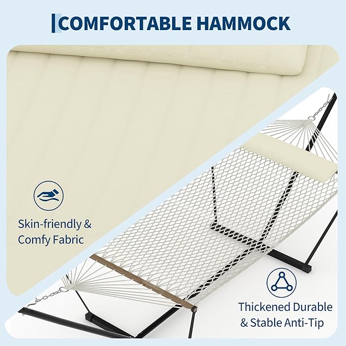 Garvee 2 Person Portable Double Hammock for Outdoor with Pillow, Heavy Duty Portable Hammock with Adjustable Steel Stand for Patio, Garden, Beach, Backyard