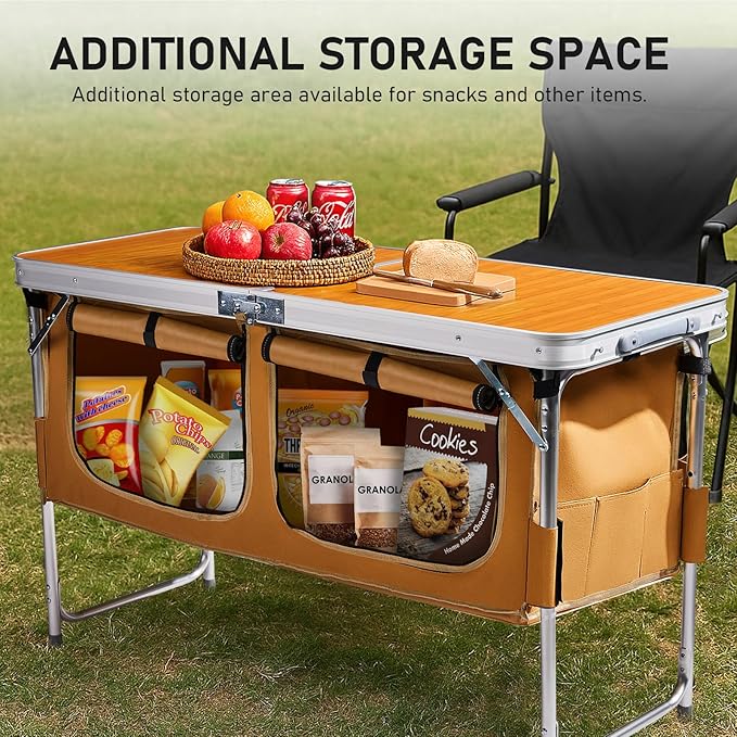 VINGLI 4 Ft Folding Table, Aluminum Camping Table, Picnic Table with Storage, Adjustable Height for Outdoor Beach BBQ Backyards Travel Party (White ＆ Grey)