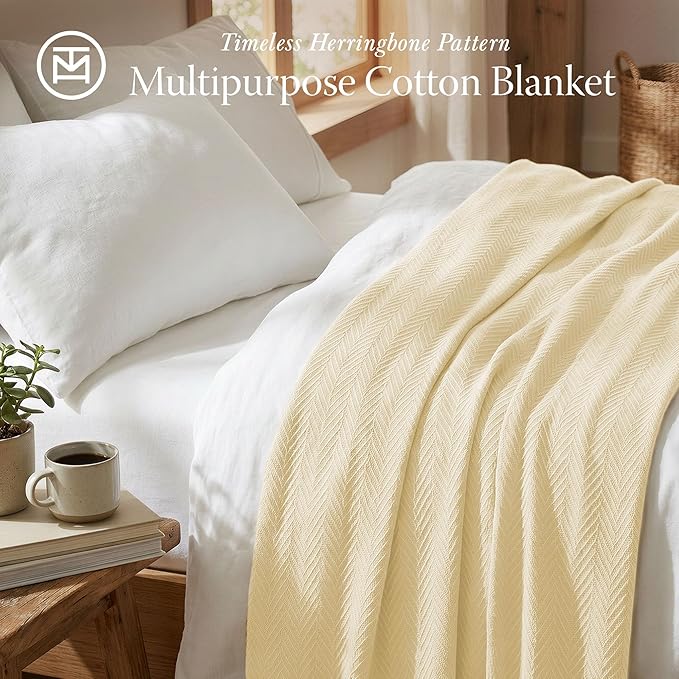 Threadmill Luxury Cotton Blankets for Queen Size Bed | All-Season 100% Cotton Queen Size Blanket | Herringbone Cozy, Soft Breathable Fall Thermal Blanket fits Full Size Bed | Vanilla Cream