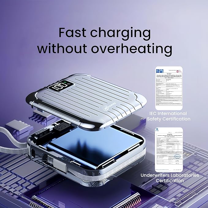 10000mAh Small 22.5W Power Bank with Built in Cable, 3A Fast Charging, 4 Outputs 2 Inputs, Mini Portable Charger for Samsung Google Pixel LG Moto iPhone iPad