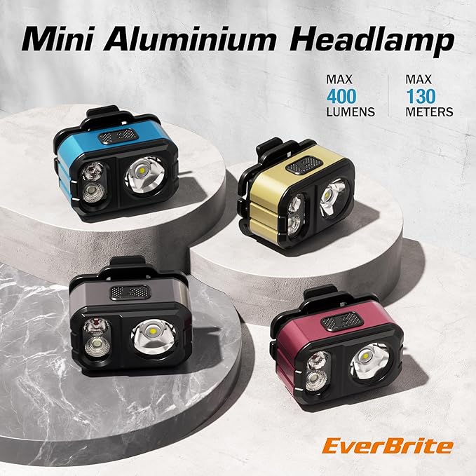 EverBrite 400LM Rechargeable Headlamp, 1.59 oz Lightweight & Comfortable Head Lamp with Hat Clip, IP67 Waterproof, White/Red/Green Light, 7 Modes for Running, Camping and Backpacking-Blue