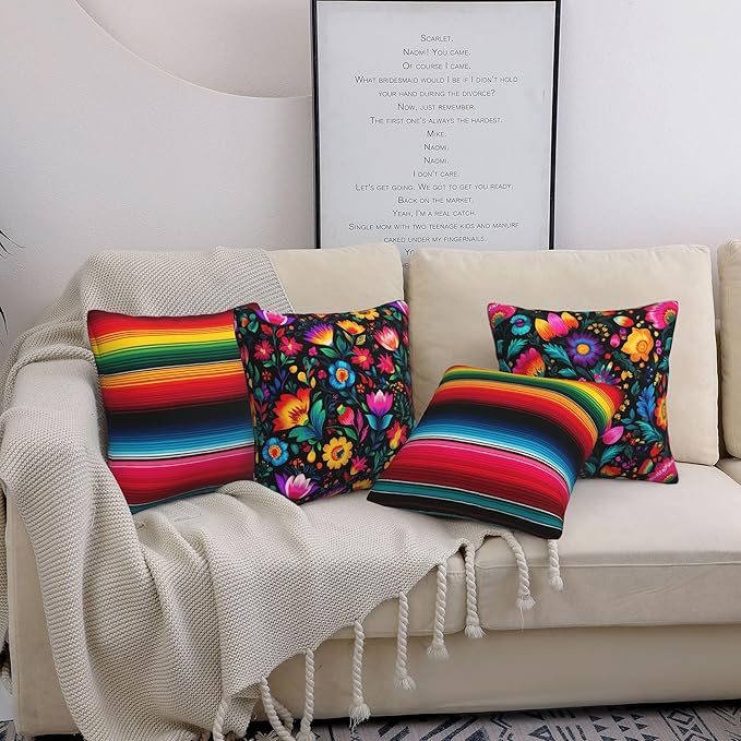 Mexico Flowers Throw Pillow Covers 18 X 18 Inch Set of 4 Decorative Cushion Cover Home Decor for Sofa Chair Couch Bedroom Living Room