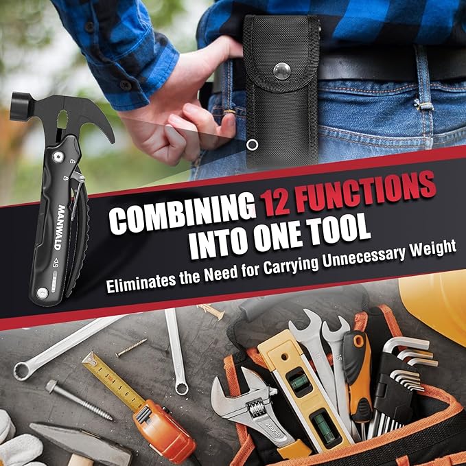 12 in 1 Multitool Hammer, Gifts for Dad, Camping Accessories Survival Gear, Cool Gadgets Gifts for Men, Husband, Boyfriends, Birthday Gifts for Women, Him