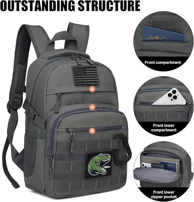 Kids Tactical Backpack Army Molle Bookbag Military Boys Backpack for School, Outdoor, Camping (Includes 2 Patches +1 Carabiner), Grey