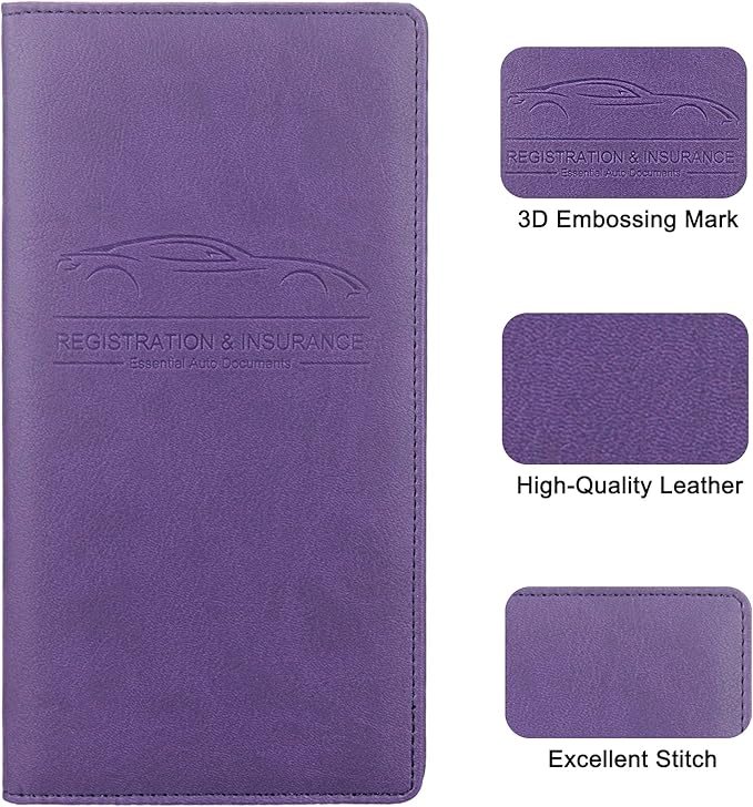 LumiMokki Premium Car Registration & Insurance Card Holder with Magnetic Shut, Vehicle Glove Box Car Organizer - For Documents, Cards, License (Purple)