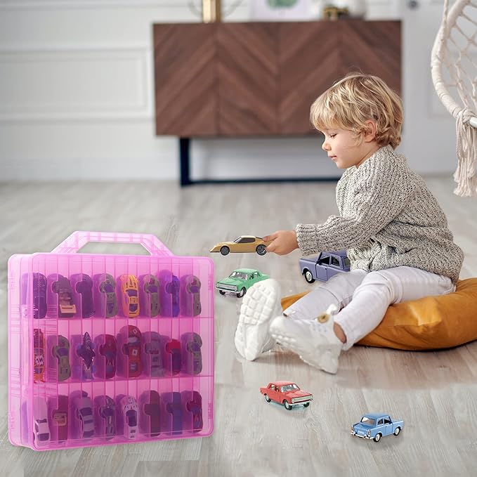 KISLANE Double Sided Toy Car Storage Case for 48 Cars, Pink, Rectangular, Plastic, Wall Mount, 13.4 x 11.8 inches