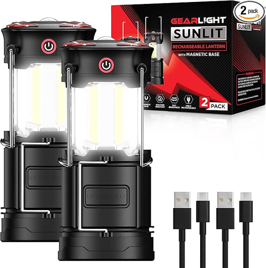 GearLight Rechargeable Camping Lantern - 2 Portable LED Lanterns with Magnetic Base and Foldable Hook for Emergency Use or Campsites, Essential Hurricane Survival Kit - Black