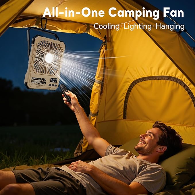 Portable Fan, Camping Fan, 20000mAh 6-Inch 18-85H Rechargeable Ultra Thin Foldable with Built-in Power Bank, LED Light, Remote Control, Hook for Outdoor Camping Tent RV Travel (Black)