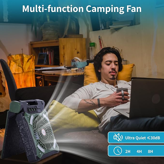 WESTTREE Solar Fan Battery Powered Rechargeable Solar Camping Fan with Led Lantern & Power Bank Foldable Angle USB Personal Fans for Travel Outdoor Camping Tents X98 Green