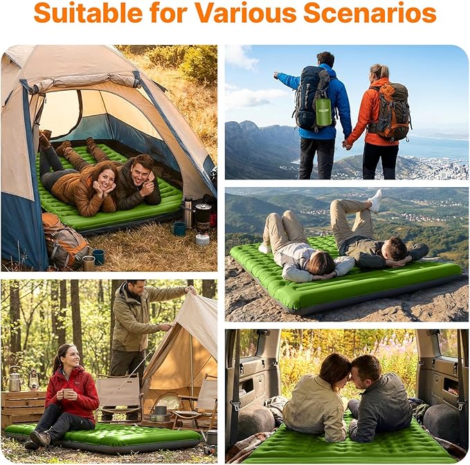 OGERY Double Sleeping Pad, Ultralight Inflating Inflatable Sleeping Pad for Camping with Pillow Built-in Foot Pump, 6" Extra-Thick Reinforced Camping Pad for Hiking, Backpacking, Tent, Single,Green