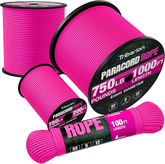 Paracord Rope 750 lb - 100ft 5/32" Parachute Cord 4MM 12-Strand para Cord - Heavy Duty Spool String for Survival,Camping Gear, Survival Bracelet, Clothesline - Rose Pink
