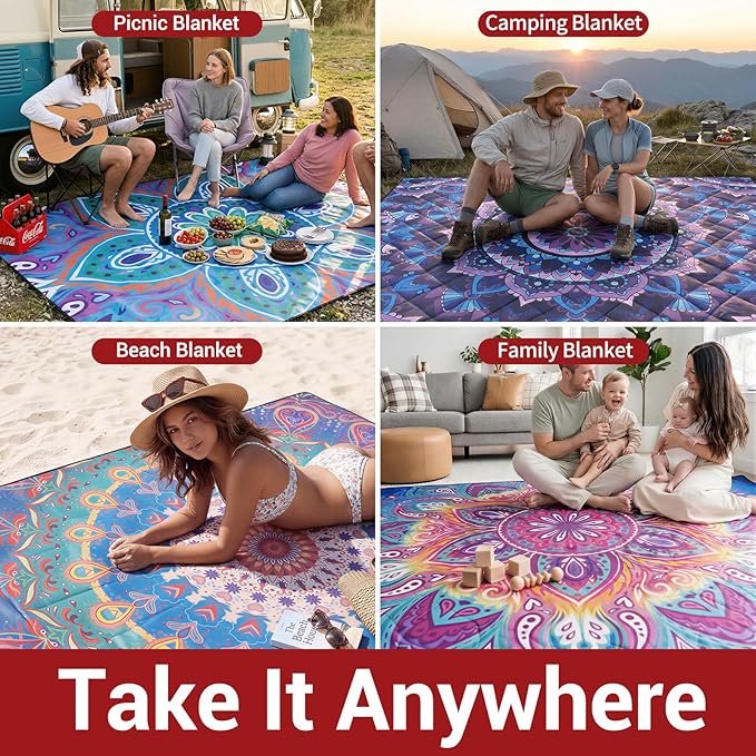 60x80" Picnic Blankets Waterproof Beach Blanket Outdoor Sandproof Foldable Park Lawn Grass Concert Mat Portable Tent Rugs Camper Inside Outside Camping Gifts Accessories Road Trip Necessities