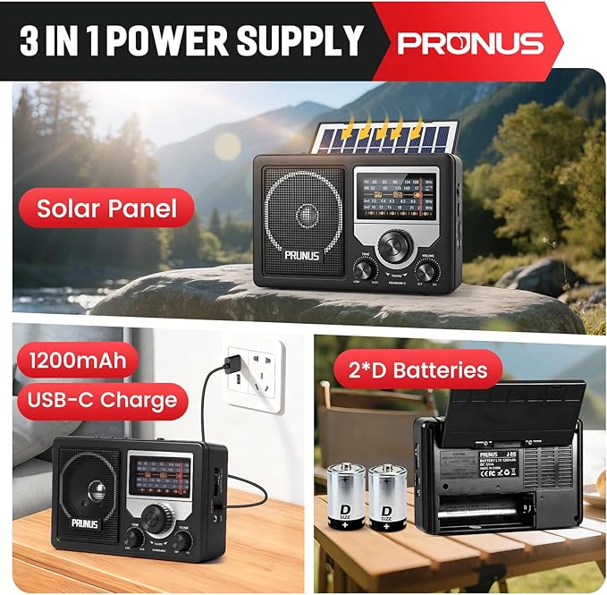 PRUNUS J-81 AM FM Radio Portable Bluetooth, Solar/D Battery Operated/USB-C Rechargeable for Emergency, Transistor Radios with Headphone Jack,Support TF Card/USB Playing, Large Knob Easy to Use
