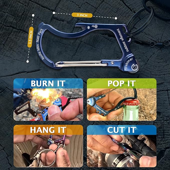 OUTDOOR ELEMENT Firebiner Custom Engraved 6-in-1 Fire Starter Carabiner Multitool – Survival Gear EDC Keychain with Utility Blade, Bottle Opener, Screwdriver, Emergency Tool
