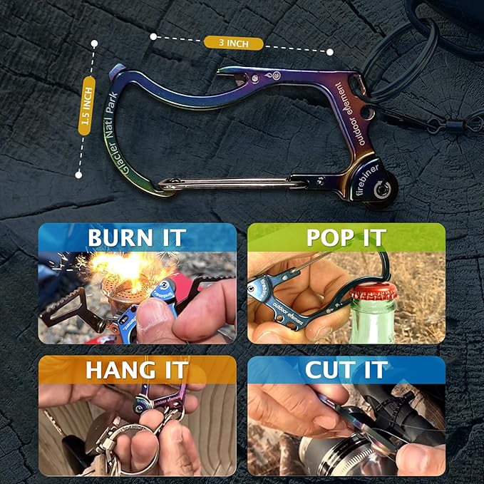 OUTDOOR ELEMENT Firebiner Custom Engraved 6-in-1 Fire Starter Carabiner Multitool – Survival Gear EDC Keychain with Utility Blade, Bottle Opener, Screwdriver, Emergency Tool