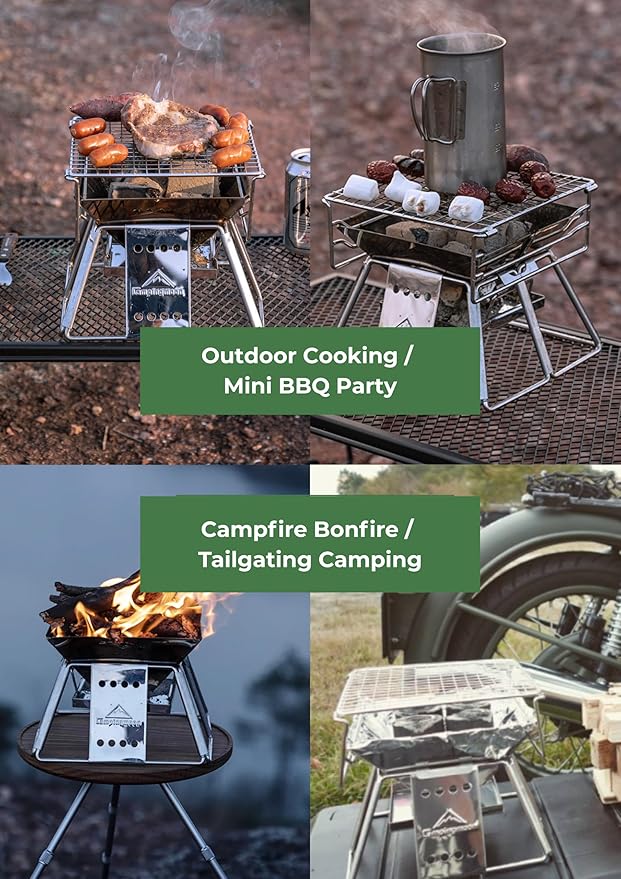 CAMPINGMOON X-MINI Small Size Portable Fire Pit, Mini Stainless Steel Tabletop Fire Pit Charcoal Grills for Camping, Solo Outdoor Cooking, Hiking BBQ Backpacking, with Carry Bag 7.5 inch