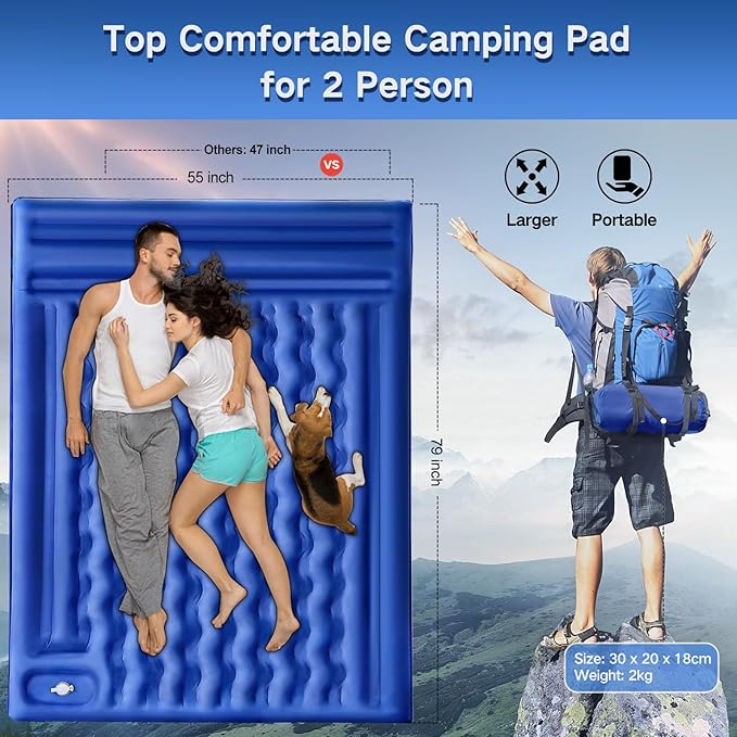 FNARMW Double Sleeping Pad Camping, Self Inflating 6'' Extra-Thick 2 Person Pillow Built-in Foot Pump Waterproof Inflatable Sleeping Mat Backpacking, Tent, Hiking, Portable Camping Pad (Navy Grey)