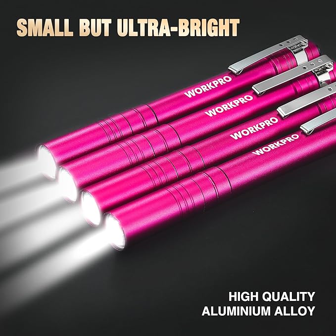 WORKPRO LED Pen Light, Aluminum Pen Flashlights, Pocket Flashlight with Clip for Inspection, Emergency, Everyday, 2AAA Batteries Include, Pink(4-Pack)