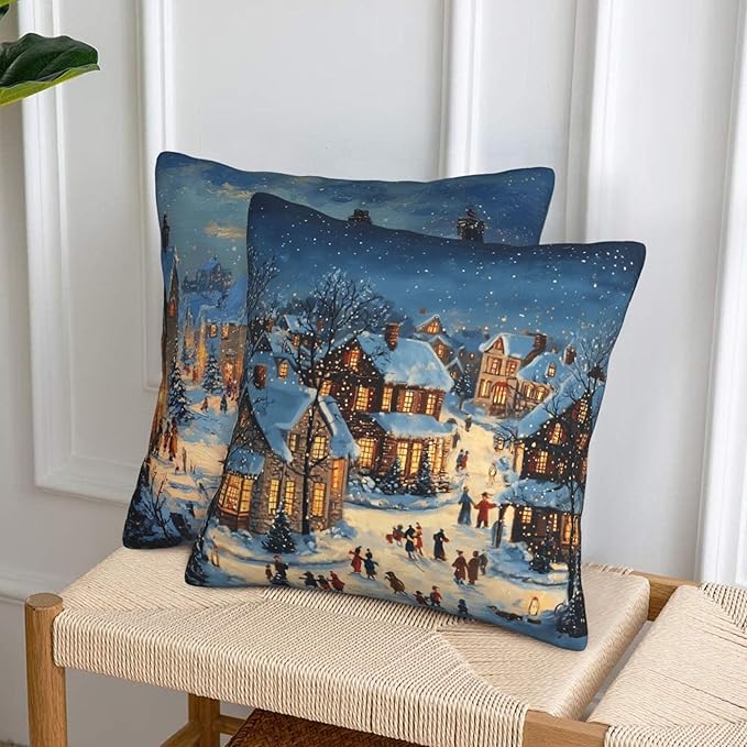 Blue Happy Winter Throw Pillow Covers 18x18 inch Set of 2 Christmas Pillow Case Cushion Cover for Home Sofa Couch Living Room Car Decor