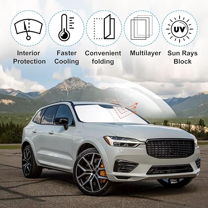 Windshield Sun Shade Custom Fit 2018-2023 2024 2025 2026 Volvo XC60 Accessories Foldable Sunshade Sun Blocker Front Window Shades Covers Keep Car Cooler