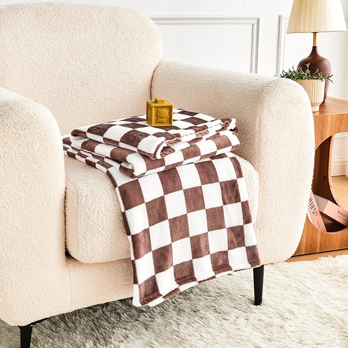 Edenleaf Brown Checkered Blanket, Ultra Soft Cozy Flannel - Checkered Grid Print Throws for Bed Sofa Couch, Luxury Throw Blanket for All Seasons, 50x60 Inch, Brown