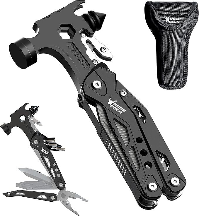 Rush Deer Camping Essentials Multitool,16 in 1 Multi Tool Survival Gear with Hammer, Pliers, Knife, Screwdrivers, Bottle Opener & Car Safety Hammer, for Camping, Hiking, Gift for Dad Him