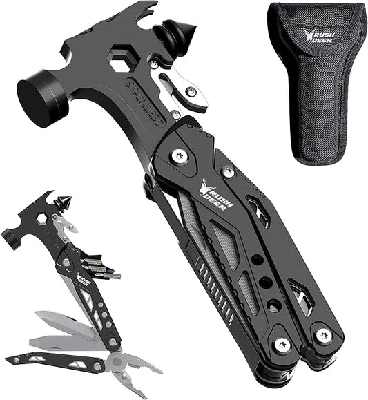 Rush Deer Camping Essentials Multitool,16 in 1 Multi Tool Survival Gear with Hammer, Pliers, Knife, Screwdrivers, Bottle Opener & Car Safety Hammer, for Camping, Hiking, Gift for Dad Him