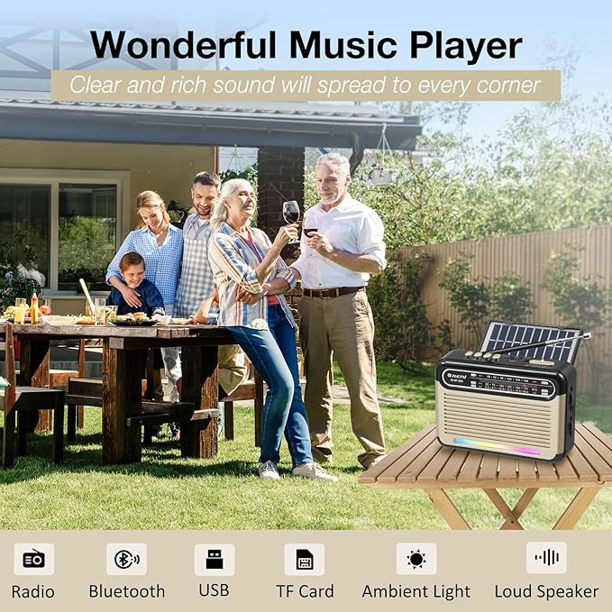 G Keni Portable Solar Radio AM FM SW with Rechargeable Battery Operated, Shortwave Bluetooth Radio Strong Reception, USB/TF Card Input, Solar Panel, Big Speaker with Ambient Light (Golden&Black)