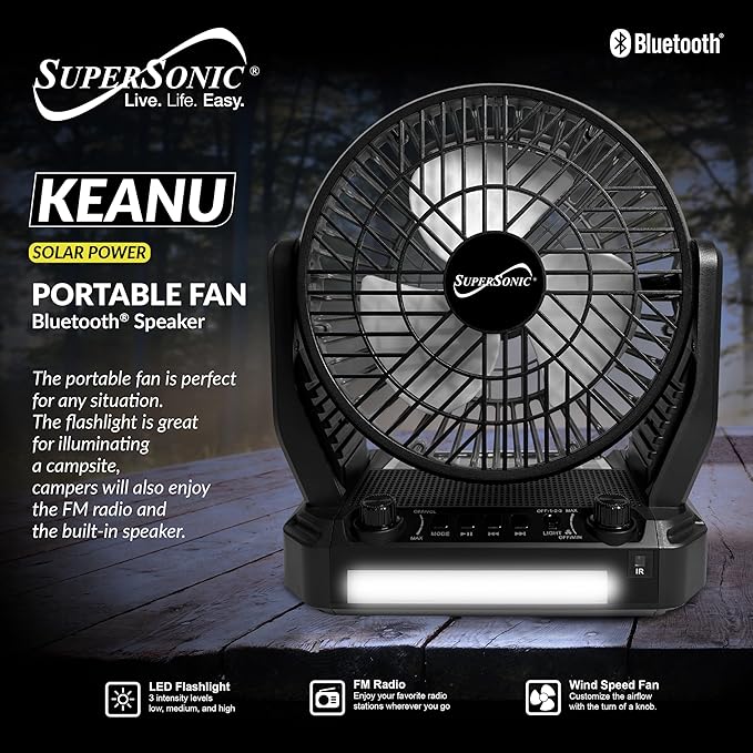 Supersonic SC-1076ERF Solar Powered Portable Fan with 6-Inch Fan Diameter, Adjustable 3 Wind Speed, Foldable Hanger Hook, LED Flashlight, Bluetooth, FM Radio, AUXUSB/mSD Inputs