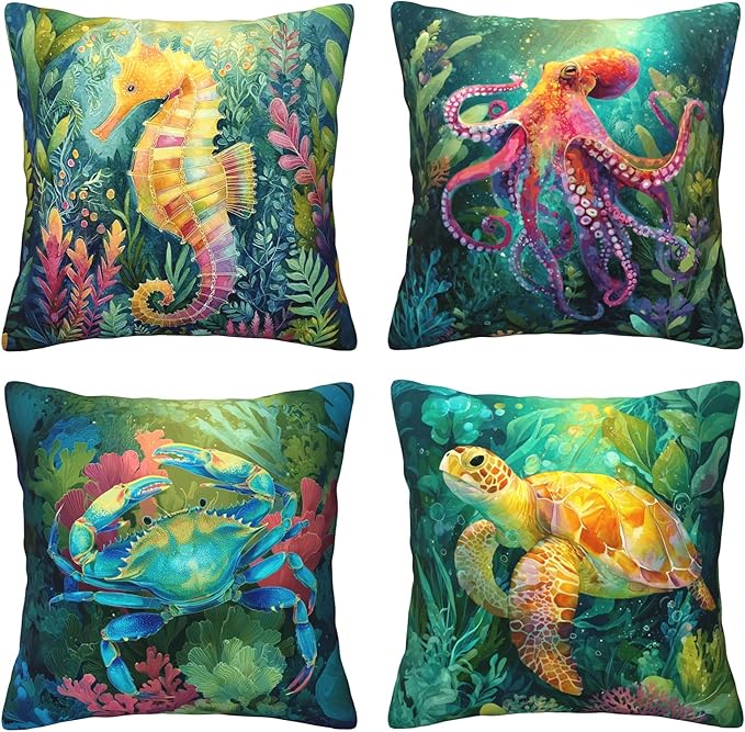 Coastal Beach Throw Pillow Covers 18 X 18 Inch Set of 4 Decorative Cushion Cover Home Decor for Sofa Chair Couch Bedroom Living Room